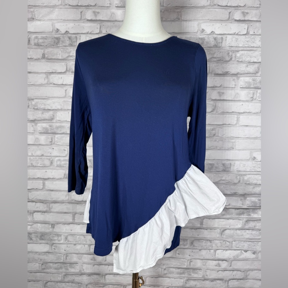 Pleione Navy Blue Lightweight Long Sleeve Top with White Ruffle Hem